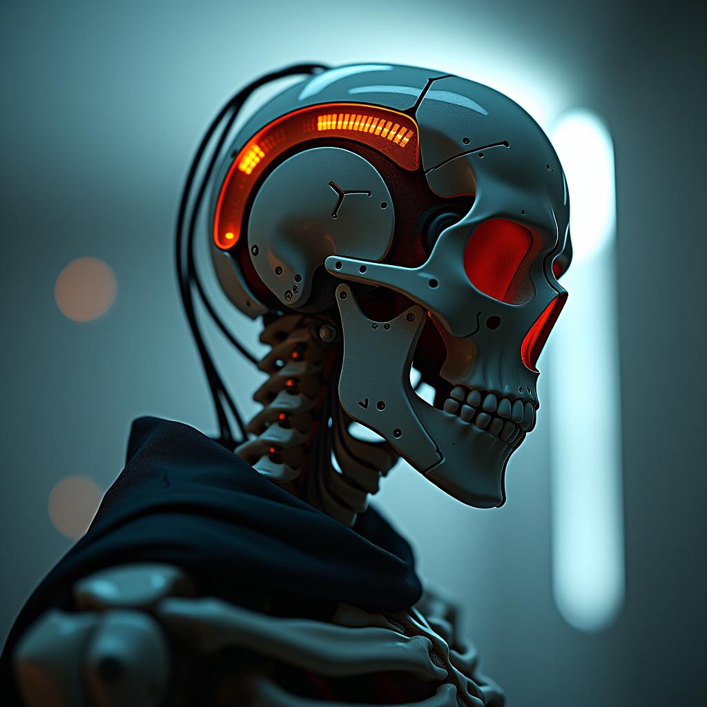  cybernetic style the hidden skull of a human skeleton. there's a man's liquor in paint. species above the angle . futuristic, technological, cybernetic enhancements, robotics, artificial intelligence themes hyperrealistic, full body, detailed clothing, highly detailed, cinematic lighting, stunningly beautiful, intricate, sharp focus, f/1. 8, 85mm, (centered image composition), (professionally color graded), ((bright soft diffused light)), volumetric fog, trending on instagram, trending on tumblr, HDR 4K, 8K