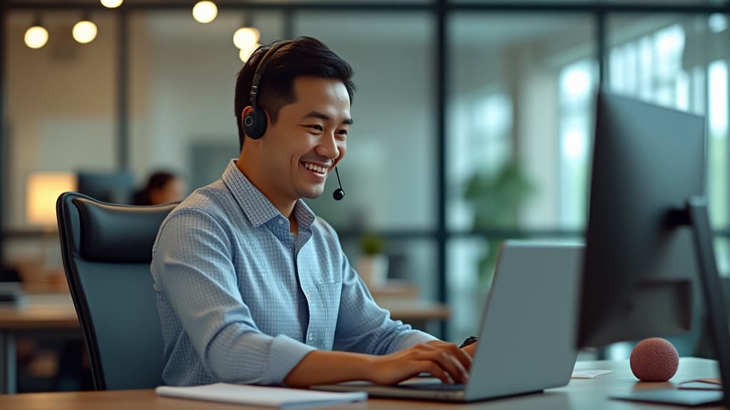  happy chine man call center agent wearing headset talking to client working in customer support office. professional contract service telemarketing operator using laptop having conversation. ar 16:9 {prompt}, maximum details