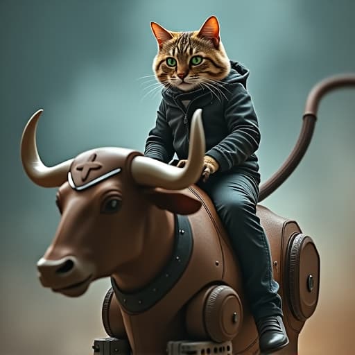  prompt: hemule, the charismatic anthropomorphic light brown tabby cat with striking green eyes, exudes a rebellious and tough persona as he confidently rides a robotic bull. the scene captures hemule's immaculate style and edgy vibe, with his mix of brown, black, and grey stripes and markings standing out against the futuristic backdrop. the non representational forms in the image play with shapes, colors, and textures to convey a dynamic mood, emphasizing movement and energy through a blend of geometric patterns and organic shapes. hyperrealistic, full body, detailed clothing, highly detailed, cinematic lighting, stunningly beautiful, intricate, sharp focus, f/1. 8, 85mm, (centered image composition), (professionally color graded), ((bright soft diffused light)), volumetric fog, trending on instagram, trending on tumblr, HDR 4K, 8K