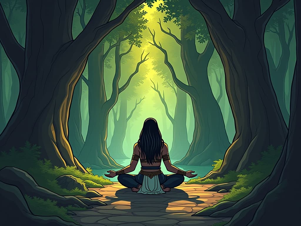  a person sitting cross legged in a tranquil forest, surrounded by ancient trees, a path to inner peace. the style is digital art illustration / modern comic book / mysterious occult, symbolic, esoteric vibe,high detail on character design, incorporating ancient egyptian symbology and attire.