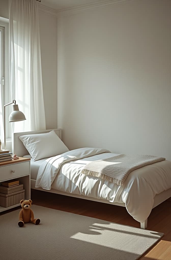  single bed with white linens. the bed is in the children's room in white colors. there are toys and a rug on the floor. half sided frame from below, realistic, portrait, art by donato giancola and greg rutkowski, realistic face, digital art, trending on artstation hyperrealistic, full body, detailed clothing, highly detailed, cinematic lighting, stunningly beautiful, intricate, sharp focus, f/1. 8, 85mm, (centered image composition), (professionally color graded), ((bright soft diffused light)), volumetric fog, trending on instagram, trending on tumblr, HDR 4K, 8K