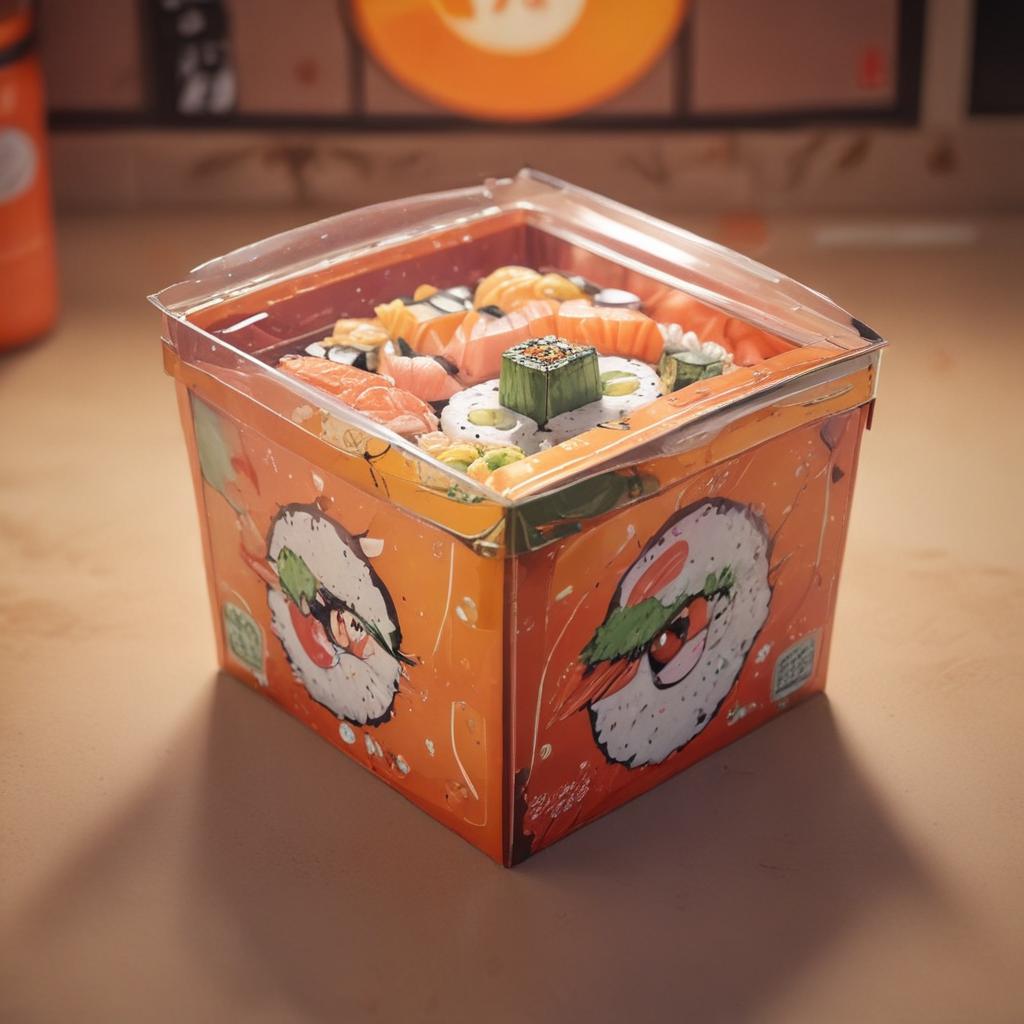 distance-shot, flashy, full-body, dynamic, holographic, animated cartoon poster of a take-out box of sushi in the style of dragon ball super