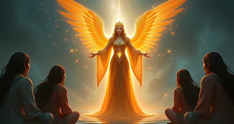  a majestic figure in glowing robes at the center of a mystical convergence. the surrounding beings are compelled to concede to her influence, despite their inner conflicts.. the style is digital art illustration,highly detailed, whimsical,magical, dreamlike atmosphere, realism and fantasy blend, smooth, glossy textures,luminous quality, wonder and enchantment.