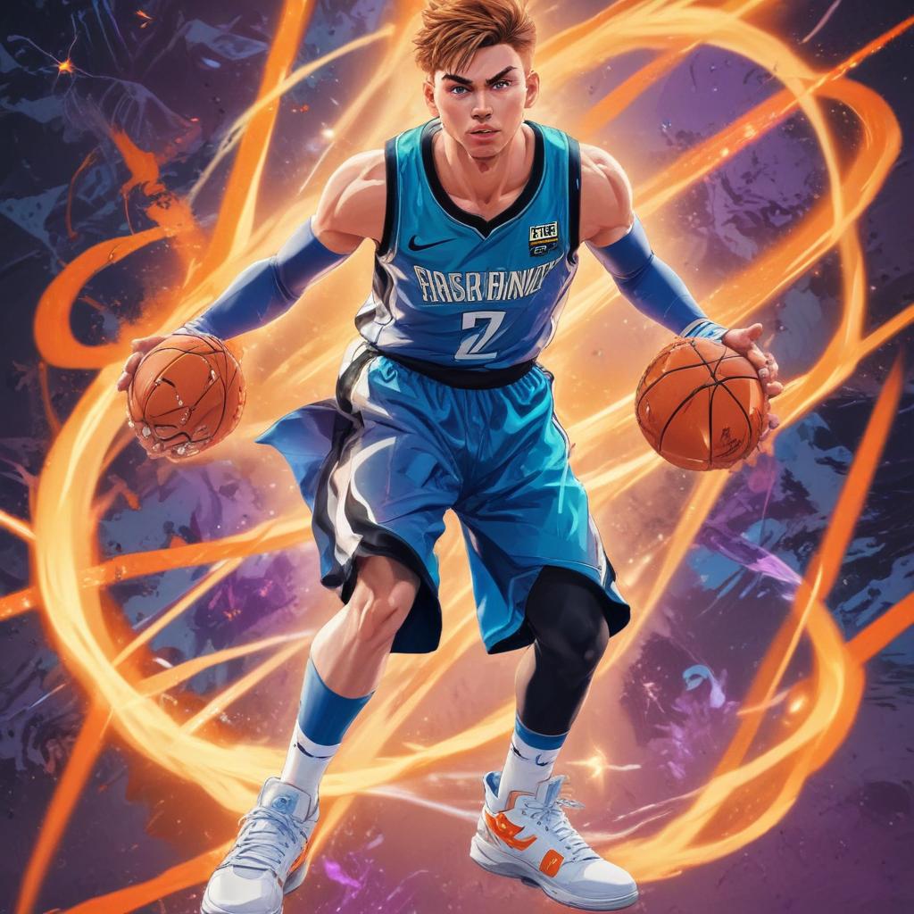 distance-shot, flashy, full-body, dynamic, holographic, animated cartoon poster of luka doncic in the style of dragon ball super