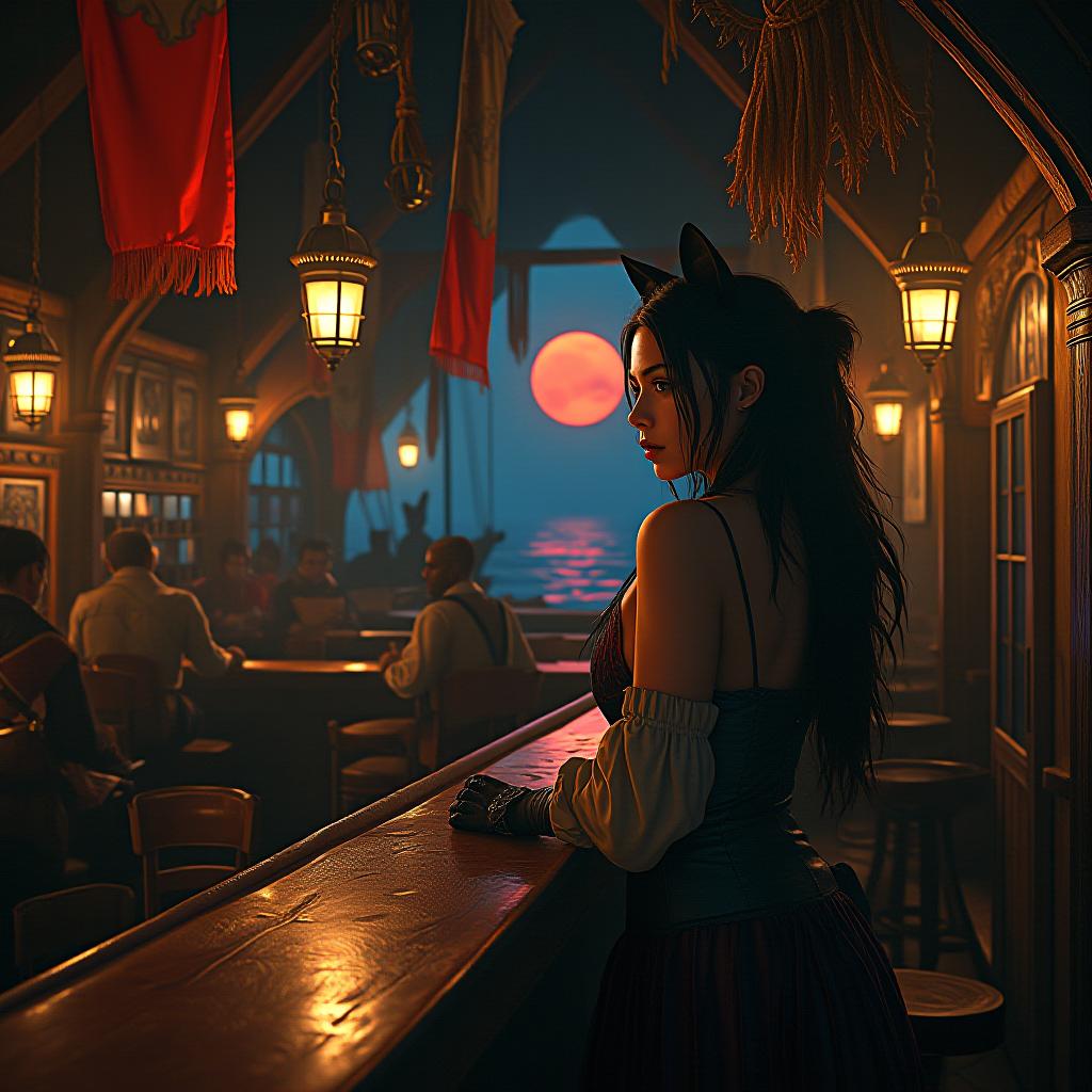  background: a bustling pirate tavern at dusk, filled with shadowy figures and flickering lanterns. ornate wooden beams arch overhead, adorned with tattered flags and swinging rope nets. through a large window, a blood red moon hangs low over a midnight blue sea. the scene is composed with diagonal leading lines from the bar to the window, creating depth. warm, dramatic chiaroscuro lighting from multiple lantern sources casts long shadows and highlights, emphasizing the mysterious and slightly dangerous mood. the color palette features rich golds from the lanterns, deep midnight blues of the sea, and crimson accents from the moon and flags. foreground: a fierce female pirate with sleek black cat ears leans against a polished bar, raising a c hyperrealistic, full body, detailed clothing, highly detailed, cinematic lighting, stunningly beautiful, intricate, sharp focus, f/1. 8, 85mm, (centered image composition), (professionally color graded), ((bright soft diffused light)), volumetric fog, trending on instagram, trending on tumblr, HDR 4K, 8K