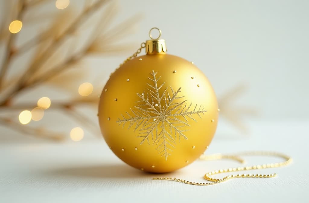  professional detailed photography, christmas yellow ball on white background ar 3:2, (muted colors, dim colors, soothing tones), (vsco:0.3)