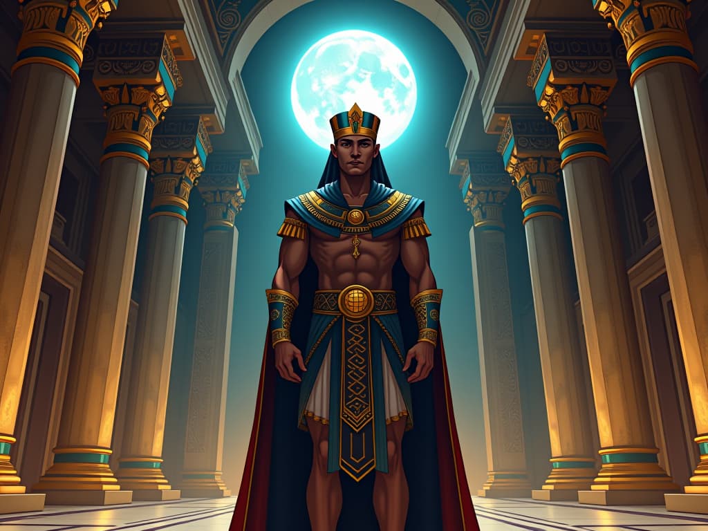  an egyptian ruler, majestic in ornate robes, standing before a grand hall decorated with symbols of success, moonlight filtering in, air of power and determination, redefining achievement. the style is digital art illustration / modern comic book / mysterious occult, symbolic, esoteric vibe,high detail on character design, incorporating ancient egyptian symbology and attire.