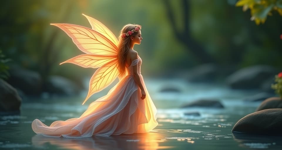  serene fairy with translucent wings, surrounded by a bright aura, standing by a glowing stream. her attire, flowing and adorned with intricate floral patterns. magical, divine, ethereal.. the style is digital art illustration,highly detailed, whimsical,magical, dreamlike atmosphere, realism and fantasy blend, smooth, glossy textures,luminous quality, wonder and enchantment.