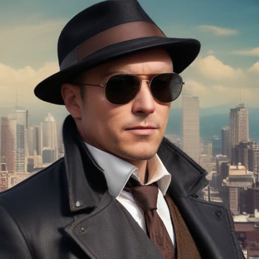 Reymond reddington with sunglasses old in Steampunk style with City background