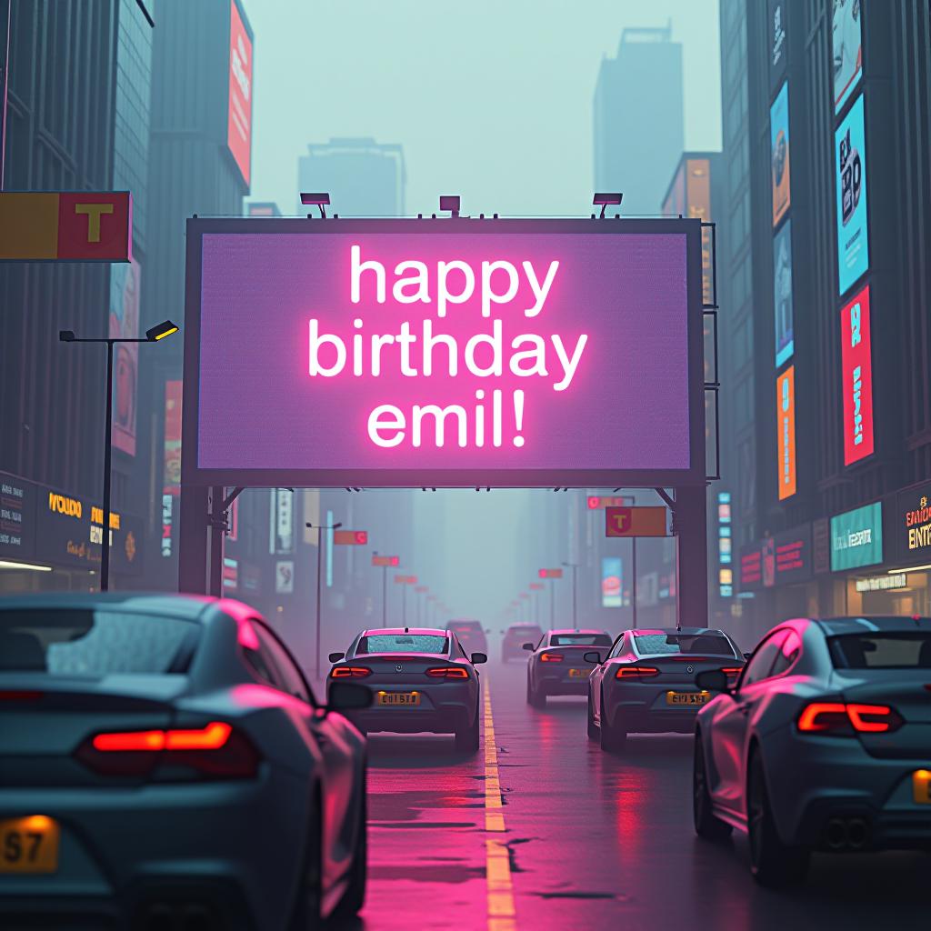  a futuristic cityscape with flying cars, holograms, and robots, featuring a giant digital billboard displaying "happy birthday emil!" in neon colors hyperrealistic, full body, detailed clothing, highly detailed, cinematic lighting, stunningly beautiful, intricate, sharp focus, f/1. 8, 85mm, (centered image composition), (professionally color graded), ((bright soft diffused light)), volumetric fog, trending on instagram, trending on tumblr, HDR 4K, 8K