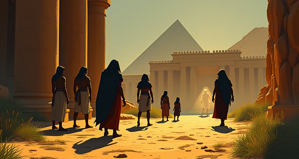  group of villagers at an oasis, looking puzzled, protected figure walking away, figure cloaked in radiant light, contrast of safety and vulnerability. the style is digital art illustration / modern comic book / mysterious occult, symbolic, esoteric vibe,high detail on character design, incorporating ancient egyptian symbology and attire.