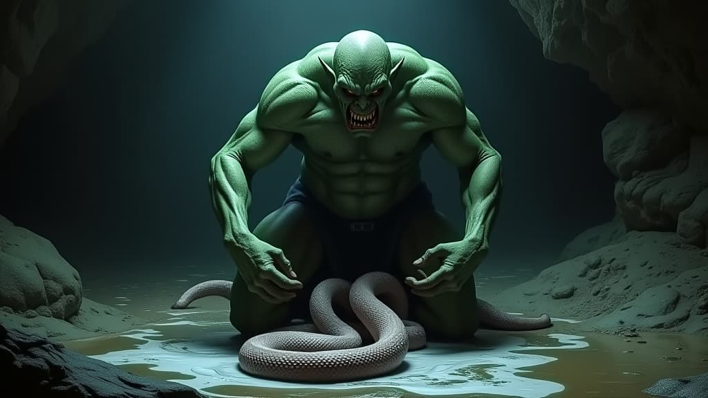   dark horror thriller fantasy picture a huge green orc torments and impregnates a silver pink snake in a gloomy cave among liquid mud and puddles of white slime. the orc grabs the snake's body and coaxes it under his loincloth. the snake writhes and tries to break free.