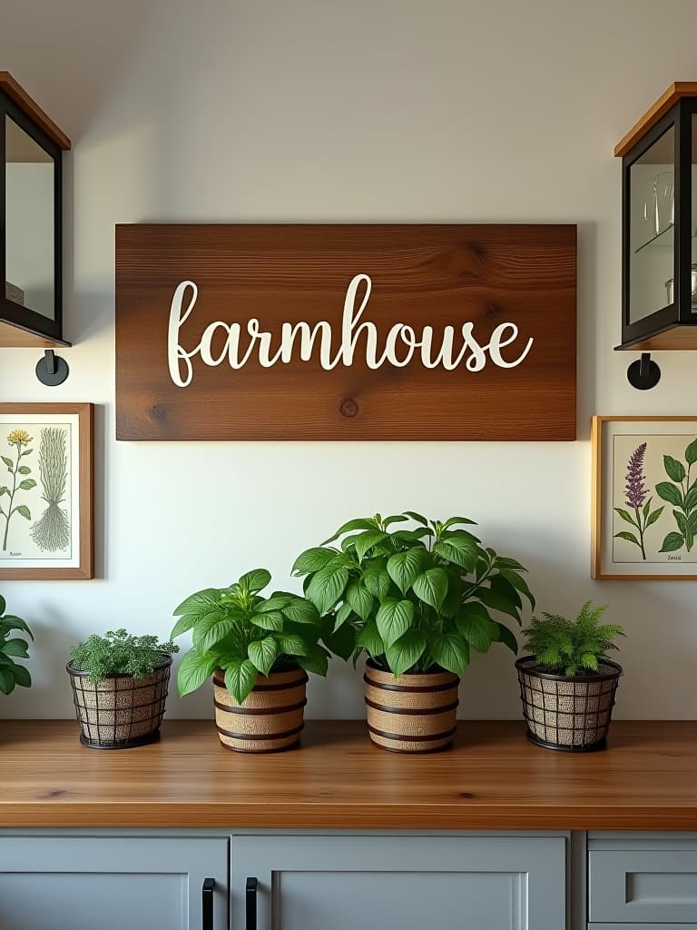  high quality portrait photo of a farmhouse style kitchen wall with a large reclaimed wood sign, flanked by wire basket planters filled with herbs, and a gallery of vintage inspired botanical prints in mismatched frames hyperrealistic, full body, detailed clothing, highly detailed, cinematic lighting, stunningly beautiful, intricate, sharp focus, f/1. 8, 85mm, (centered image composition), (professionally color graded), ((bright soft diffused light)), volumetric fog, trending on instagram, trending on tumblr, HDR 4K, 8K