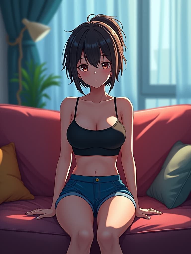  anime artwork anime style. . huge , crop top, mini shorts. sit on sofa, livingroom. . anime style, key visual, vint, studio anime, highly detailed hyperrealistic, full body, detailed clothing, highly detailed, cinematic lighting, stunningly beautiful, intricate, sharp focus, f/1. 8, 85mm, (centered image composition), (professionally color graded), ((bright soft diffused light)), volumetric fog, trending on instagram, trending on tumblr, HDR 4K, 8K