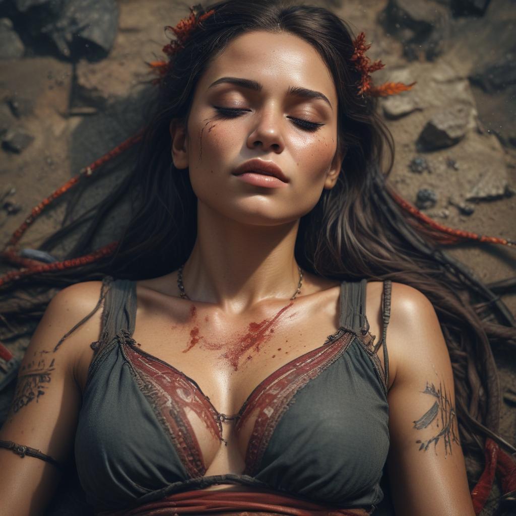 ((masterpiece)),(((best quality))), 8k, high detailed, ultra detailed, a tribe woman dead lying on the ground eyes closed blood hyperrealistic, full body, detailed clothing, highly detailed, cinematic lighting, stunningly beautiful, intricate, sharp focus, f/1. 8, 85mm, (centered image composition), (professionally color graded), ((bright soft diffused light)), volumetric fog, trending on instagram, trending on tumblr, HDR 4K, 8K