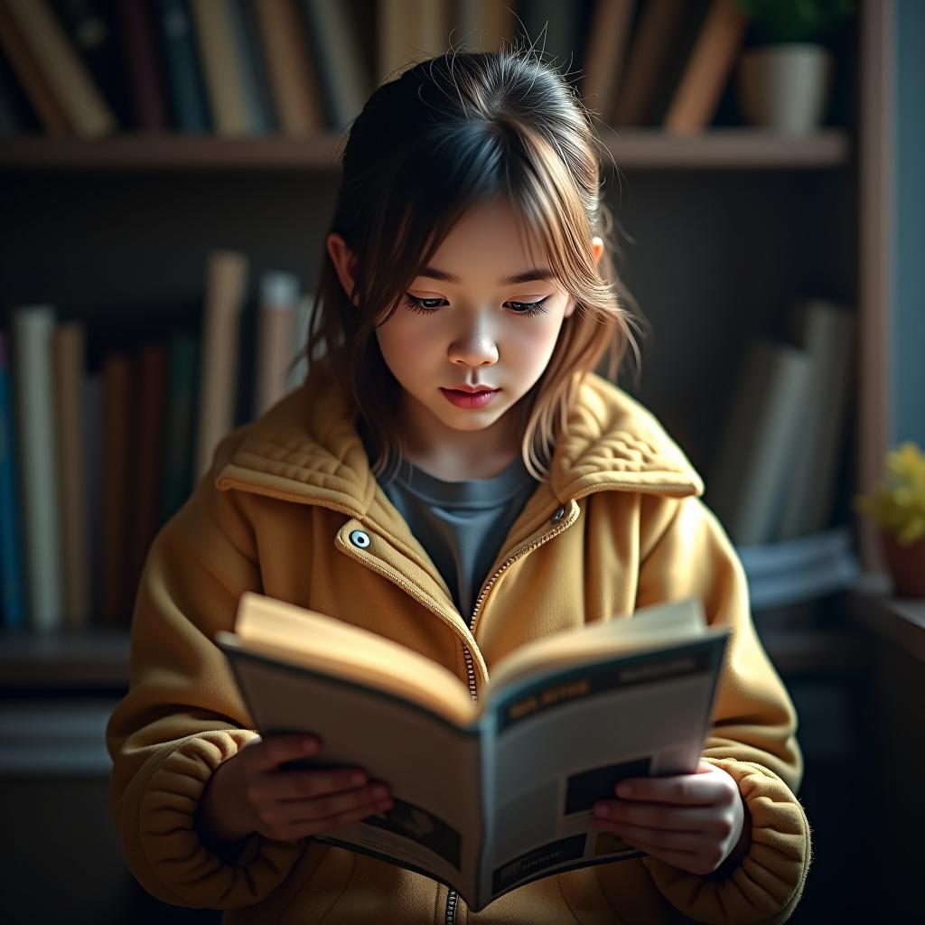  girl studying newspaper, full had image , 8k hyperrealistic, full body, detailed clothing, highly detailed, cinematic lighting, stunningly beautiful, intricate, sharp focus, f/1. 8, 85mm, (centered image composition), (professionally color graded), ((bright soft diffused light)), volumetric fog, trending on instagram, trending on tumblr, HDR 4K, 8K