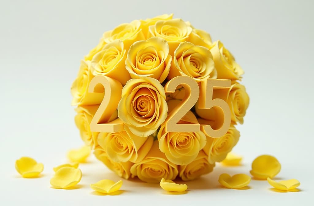  professional detailed photography, a type of sphere, lots of empty space, small numbers 2025 made of yellow rosebuds, on a white background, with rose petals around , (muted colors, dim colors, soothing tones), (vsco:0.3)