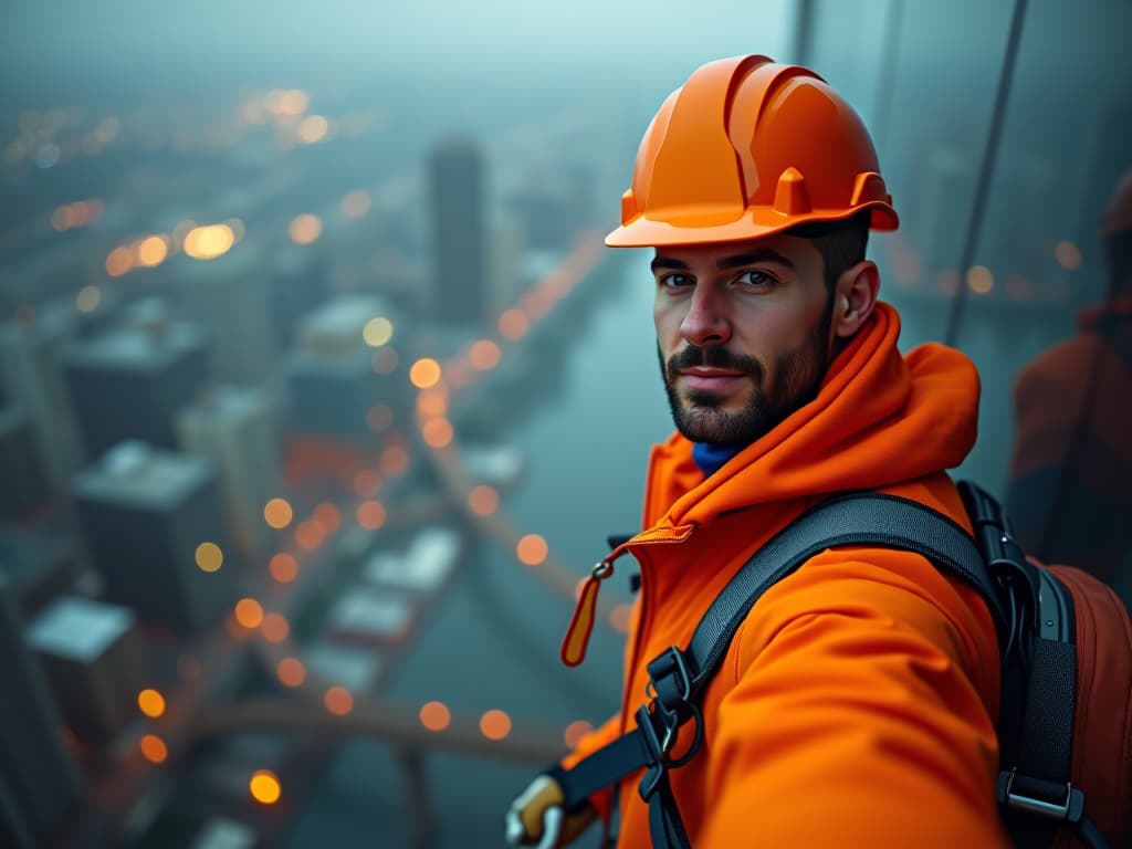  cinematic photo realistic image, beautiful manly face of industrial climber in orange jumpsuit, helmet, standing on a high skyscraper overlooking the city of st. petersburg, high resolution, 4k ultra hd . 35mm photograph, film, bokeh, professional, 4k, highly detailed