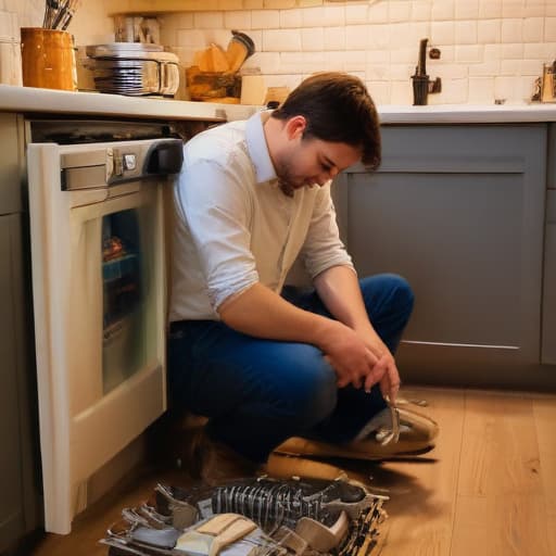 A photo of a skilled technician repairing a malfunctioning dishwasher in a cluttered yet cozy kitchen during early evening with warm ambient lighting casting soft shadows around the tools and parts scattered on the counter.