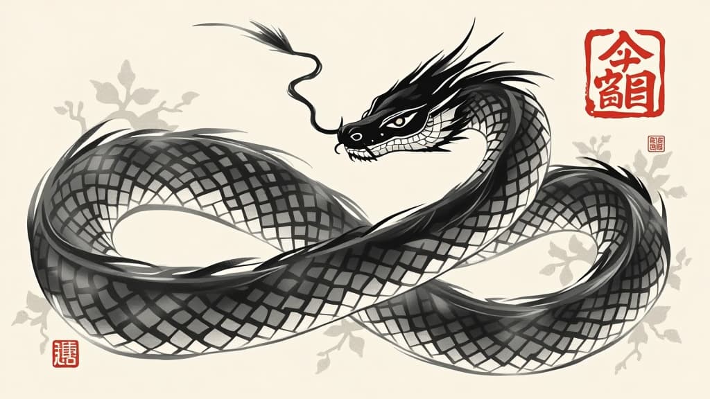  a snake painted in chinese style black brush strokes