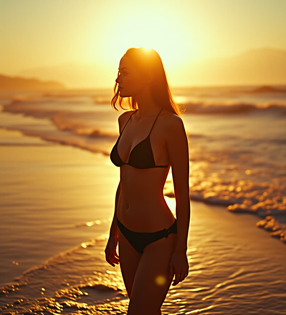  a sun drenched beach scene at golden hour, a woman in a vintage high waisted bikini, her silhouette illuminated by the setting sun, waves gently crashing in the background, a soft lens flare, dreamy and nostalgic atmosphere, film grain texture, warm tones, cinematic composition, evocative of 1960s summer escapades.