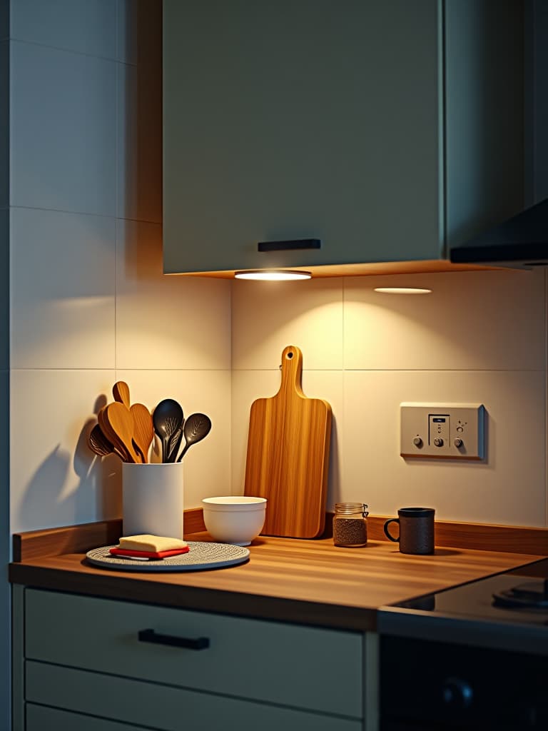  high quality portrait photo of a small kitchen corner featuring a stylish adjustable wall sconce above a compact workspace, providing focused task lighting hyperrealistic, full body, detailed clothing, highly detailed, cinematic lighting, stunningly beautiful, intricate, sharp focus, f/1. 8, 85mm, (centered image composition), (professionally color graded), ((bright soft diffused light)), volumetric fog, trending on instagram, trending on tumblr, HDR 4K, 8K