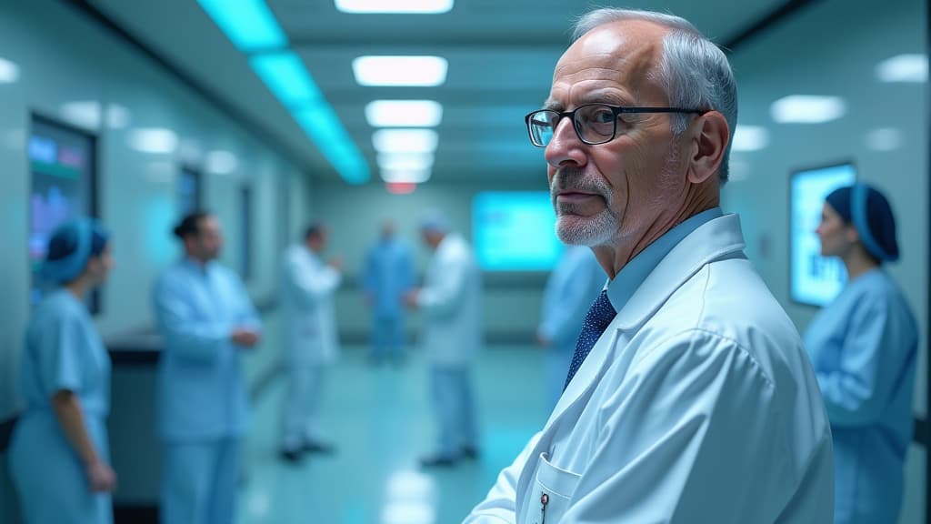  prompt: create an ultra realistic and detailed image of a futuristic hospital setting, featuring a prominent and lifelike portrayal of federal minister of health prof. karl lauterbach. in the background, display a grand hospital atlas showcasing transparent, detailed information about various hospital services and their quality. the scene should exude a sense of ethical responsibility and transparency, with a focus on clarity and precision. include subtle but recognizable logos for the hospital