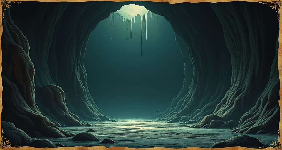  vast, dark cave with a gaping chasm in the center, echoes of distant drips, cold and empty, symbolizing an unfillable void. an illustration in the style of a worn, mystical old tarot trump card, mysterious and elements of surrealism. the colors are muted, somber and eerie, but with contrast bring out an occult and esoteric vibe.