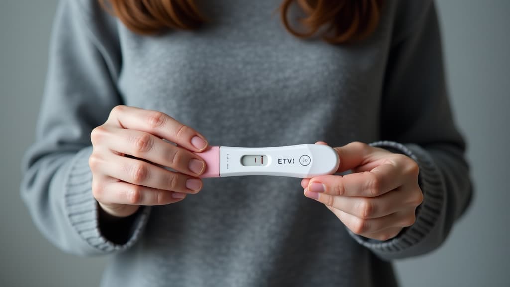  brunette girl in a gray wool sweater, holding a negative pregnancy test at stomach level. girl's face is not visible ar 16:9 {prompt}, maximum details