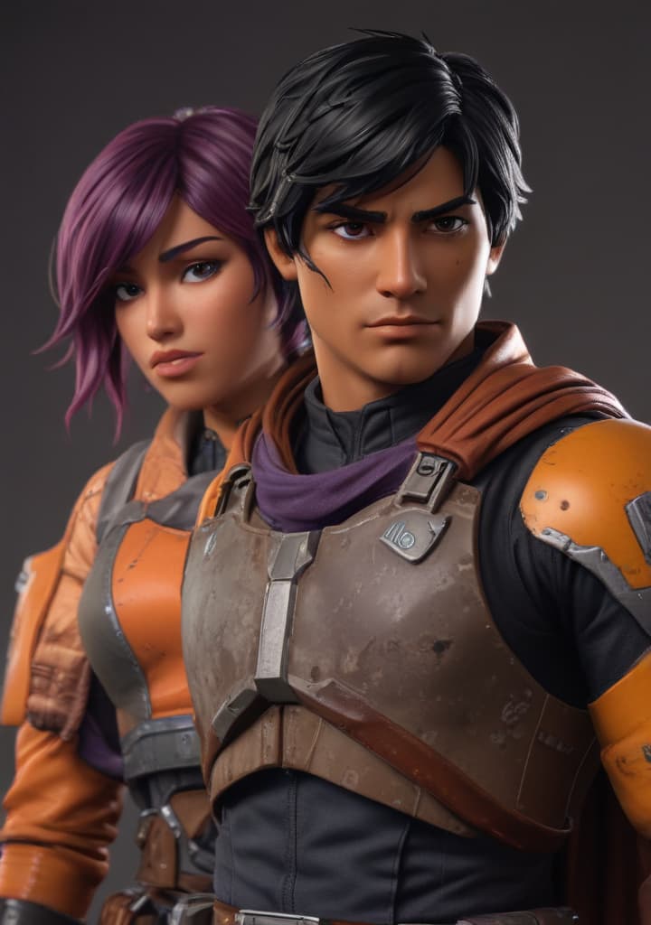 Ezra Bridger and Sabine Wren highly detailed,studio lighting,professional,vivid colors, cinematic lighting, HDR, UHD, 4K, 8k, 64K