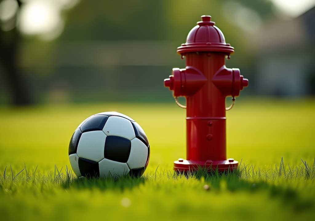  a soccer ball rests on the grass beside a fire hydrant, sunny daybackdrop subtly