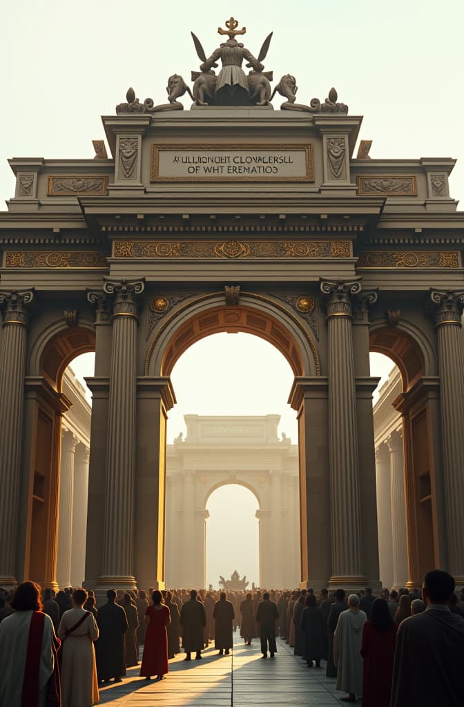  a monumental gate of an ancient temple, with gold and silver details, in roman style, with a crowd of people around. #beautifulgate #jewishtemple #ancientrome #biblicalart hyperrealistic, full body, detailed clothing, highly detailed, cinematic lighting, stunningly beautiful, intricate, sharp focus, f/1. 8, 85mm, (centered image composition), (professionally color graded), ((bright soft diffused light)), volumetric fog, trending on instagram, trending on tumblr, HDR 4K, 8K