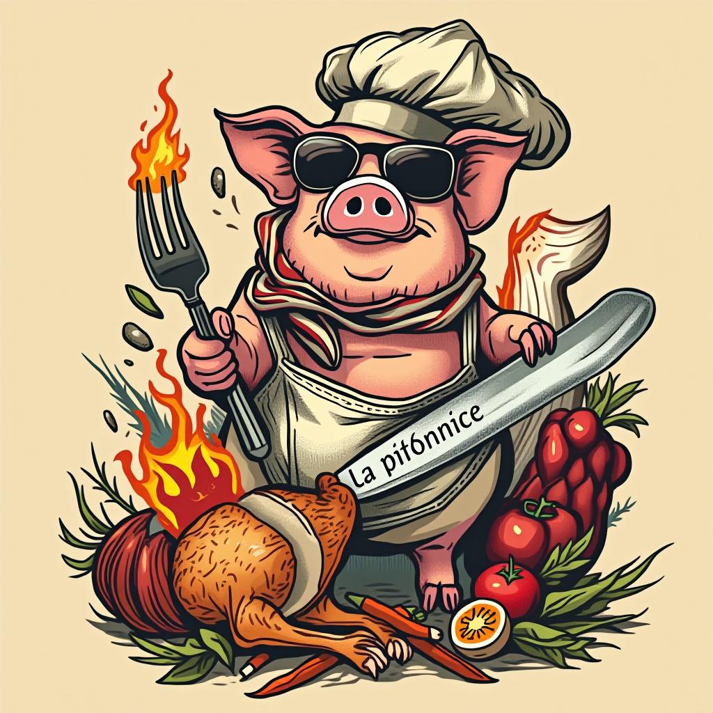  design a logo, in a surrealism style. pig standing cook fork knife eat flames spices vegetables cold cuts chicken tattoo, with the text 'la bonne pitance'.