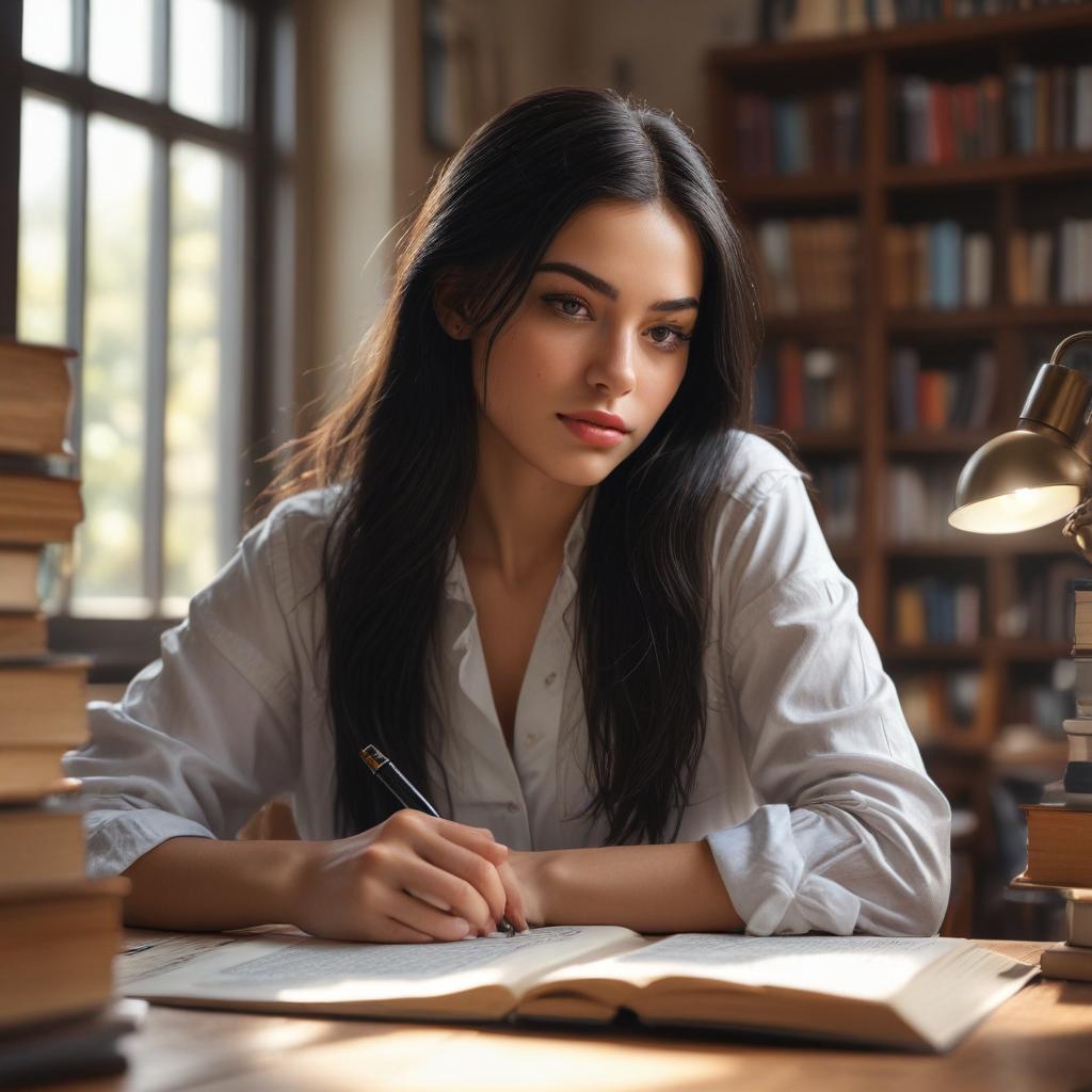 ((masterpiece)),(((best quality))), 8k, high detailed, ultra detailed, A 21 year old young beautiful female college student, long black hair, studying intently in a library, surrounded by piles of books, a cup of coffee on the table, sunlight streaming through the window hyperrealistic, full body, detailed clothing, highly detailed, cinematic lighting, stunningly beautiful, intricate, sharp focus, f/1. 8, 85mm, (centered image composition), (professionally color graded), ((bright soft diffused light)), volumetric fog, trending on instagram, trending on tumblr, HDR 4K, 8K