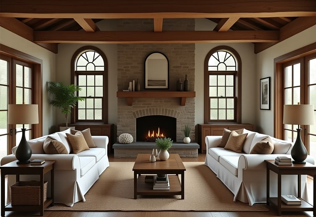  a landscape photo of a rustic farmhouse living room with reclaimed wood beams, a stone fireplace, comfortable slipcovered sofas, and vintage inspired accessories hyperrealistic, full body, detailed clothing, highly detailed, cinematic lighting, stunningly beautiful, intricate, sharp focus, f/1. 8, 85mm, (centered image composition), (professionally color graded), ((bright soft diffused light)), volumetric fog, trending on instagram, trending on tumblr, HDR 4K, 8K