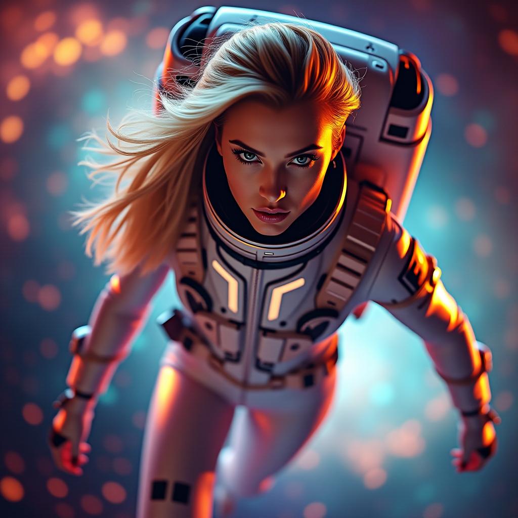  **futuristic space explorer**: a stylish portrait of a stunning, sporty blond european woman adorned in a sleek, metallic space suit, floating in zero gravity among vivid cosmic colors and swirling galaxies. her expression is fierce and confident, showcasing her chiseled features. shot with a fujifilm x t4 and a 16mm f/2.8 lens, utilizing strong side lighting to accentuate her form and suit. hyperrealistic, full body, detailed clothing, highly detailed, cinematic lighting, stunningly beautiful, intricate, sharp focus, f/1. 8, 85mm, (centered image composition), (professionally color graded), ((bright soft diffused light)), volumetric fog, trending on instagram, trending on tumblr, HDR 4K, 8K