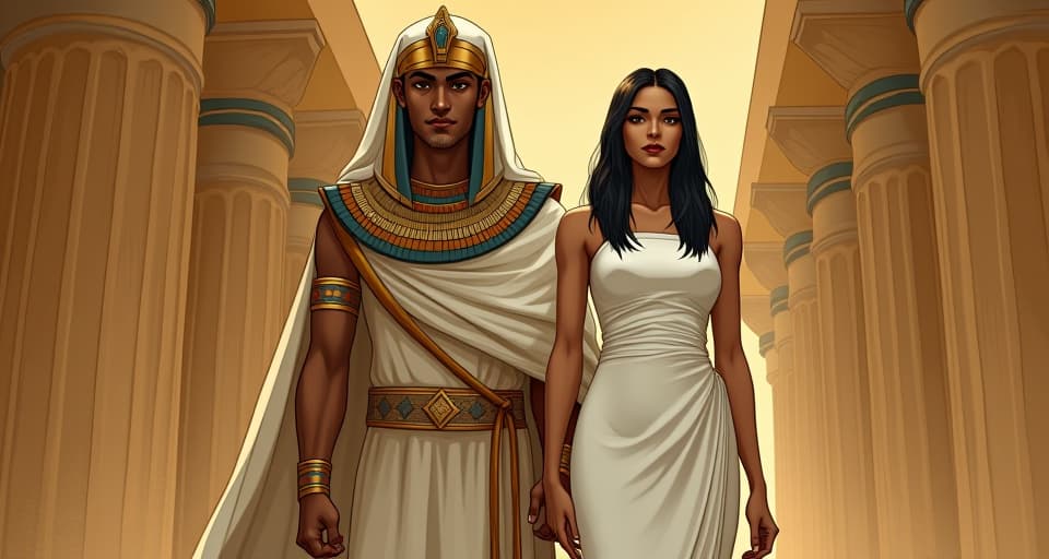  a large busted priestess in a form fitting white linen dress, standing beside a pharaoh, both looking serene, representing patience and empathy.. the style is digital art illustration / modern comic book / mysterious occult, symbolic, esoteric vibe,high detail on character design, incorporating ancient egyptian symbology and attire.