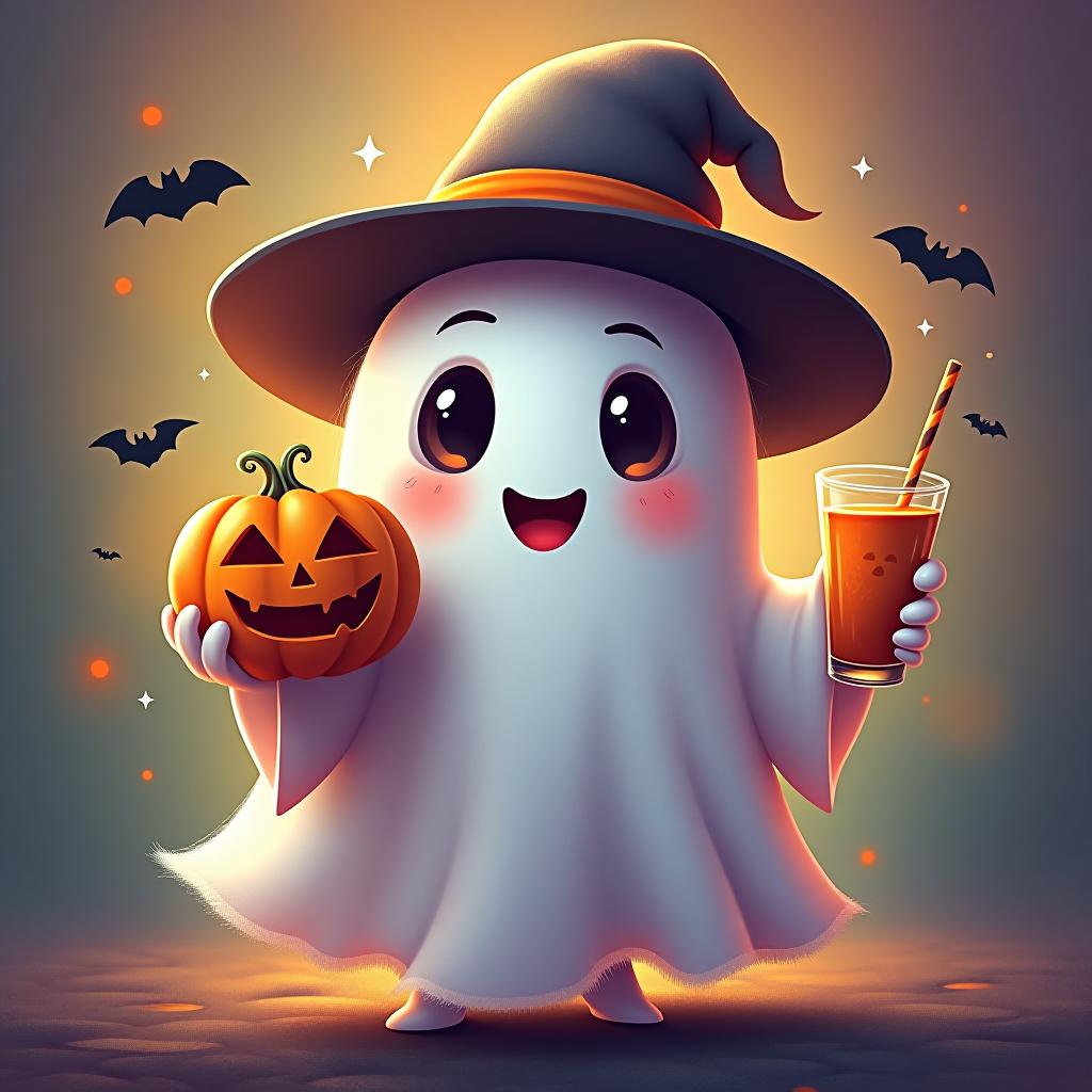  create a digital painting featuring a cute ghost character. the ghost should be wearing a hat. in one hand, the ghost should hold a pumpkin with a carved face, and in the other hand, a halloween themed drink. the background should be colorfull and include small black bats and stars to add a playful halloween touch. the overall style should be cute, whimsical, and colorful hyperrealistic, full body, detailed clothing, highly detailed, cinematic lighting, stunningly beautiful, intricate, sharp focus, f/1. 8, 85mm, (centered image composition), (professionally color graded), ((bright soft diffused light)), volumetric fog, trending on instagram, trending on tumblr, HDR 4K, 8K