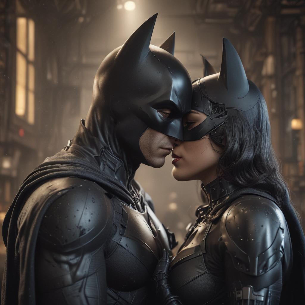 ((masterpiece)),(((best quality))), 8k, high detailed, ultra detailed, Cat Woman kissing Batman, vintage comic book style, halftone dots, bold lines hyperrealistic, full body, detailed clothing, highly detailed, cinematic lighting, stunningly beautiful, intricate, sharp focus, f/1. 8, 85mm, (centered image composition), (professionally color graded), ((bright soft diffused light)), volumetric fog, trending on instagram, trending on tumblr, HDR 4K, 8K