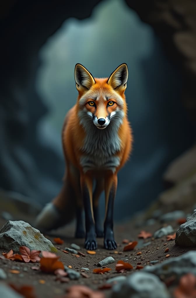  a sly fox standing outside the entrance of a dark cave, looking cautiously at the ground where the footprints of various animals lead into the cave but none return. the fox’s fur is sleek, and his eyes are filled with suspicion and wisdom., realistic, portrait, art by donato giancola and greg rutkowski, realistic face, digital art, trending on artstation hyperrealistic, full body, detailed clothing, highly detailed, cinematic lighting, stunningly beautiful, intricate, sharp focus, f/1. 8, 85mm, (centered image composition), (professionally color graded), ((bright soft diffused light)), volumetric fog, trending on instagram, trending on tumblr, HDR 4K, 8K