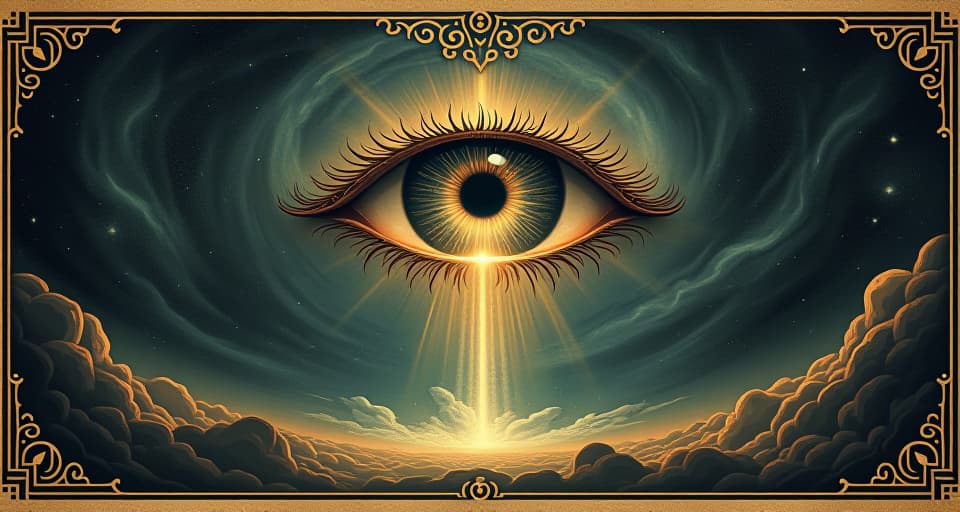  a majestic celestial eye, glowing with an intense light, floating above a starry cosmos, piercing gaze illuminating the universe, surrounded by swirling nebulae and distant galaxies, awe inspiring, omniscient. an illustration in the style of a worn, mystical old tarot trump card, mysterious and elements of surrealism. the colors are muted, somber and eerie, but with contrast bring out an occult and esoteric vibe.