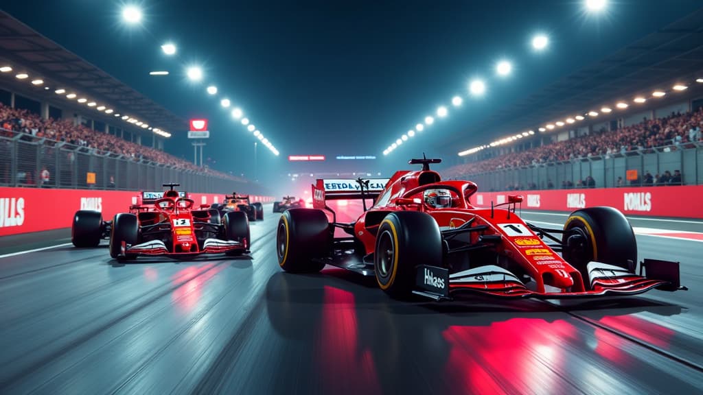  create an ultra realistic image of a dramatic formula 1 scene in singapore showcasing nico hülkenberg's exceptional performance for haas. capture the intensity of the qualifying session with hülkenberg's car shining brightly under the lights, positioned ahead of the ferraris. show intricate details like tire management, team collaboration, and strategic focus. include logos of haas f1 team and depict hülkenberg's satisfaction as he celebrates success. utilize vibrant colors, dynamic angles, a