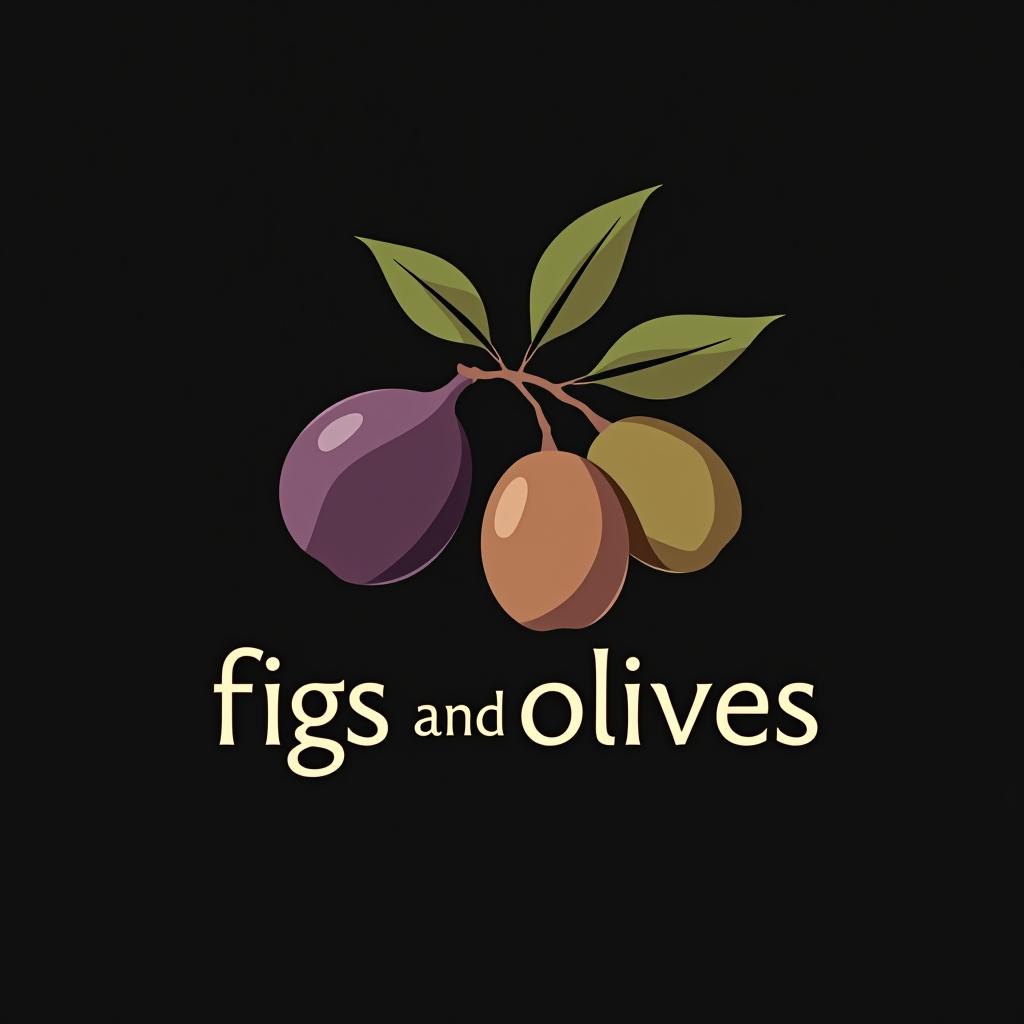  design a logo, fig leaf and olives, black background, with the text 'figs and olives'.