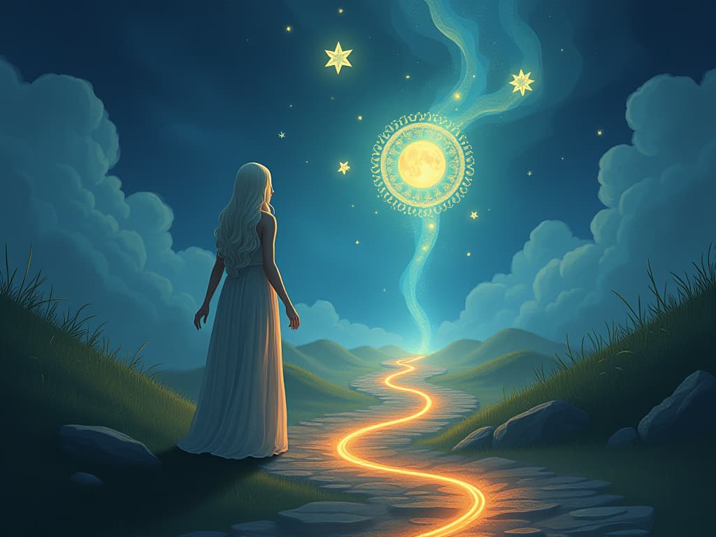  an ethereal being standing alone at a forked, glowing path. mystical symbols float in the air, signaling a journey not understood by others but meant for the chosen one.. the style is digital art illustration,highly detailed, whimsical,magical, dreamlike atmosphere, realism and fantasy blend, smooth, glossy textures,luminous quality, wonder and enchantment.