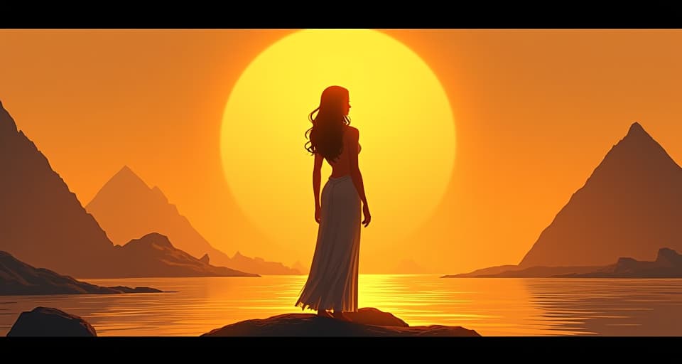  the same large busted woman from image #85, now standing alone in the golden light of the morning sun, looking out over the nile river, face serene and confident, an aura of newfound independence. the style is digital art illustration / modern comic book / mysterious occult, symbolic, esoteric vibe,high detail on character design, incorporating ancient egyptian symbology and attire.