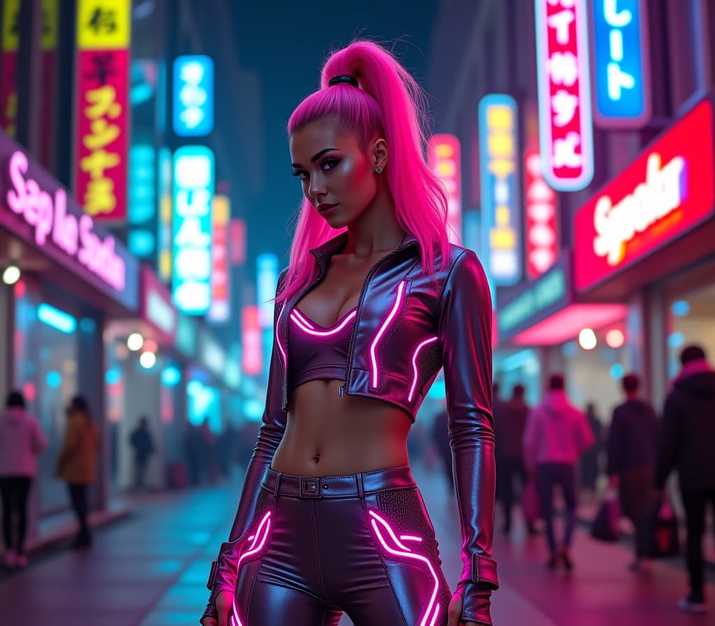  in a vibrant, neon lit cityscape reminiscent of a cyberpunk future, a fierce and stylish woman stands out amidst the glowing signs and holographic displays. she is dressed in a sleek, high tech outfit that shimmers with reflective materials, adorned with intricate neon patterns that pulse with light. her cropped jacket and high waisted pants accentuate her athletic figure, while the glowing designs on her clothing match the electric hues of the city around her. her hair is a striking shade of neon pink, styled in a high ponytail that adds to her dynamic and futuristic appearance. the city behind her is alive with neon signs in various languages, casting colorful lights that reflect off her outfit and create a vibrant, energetic atmosphere.