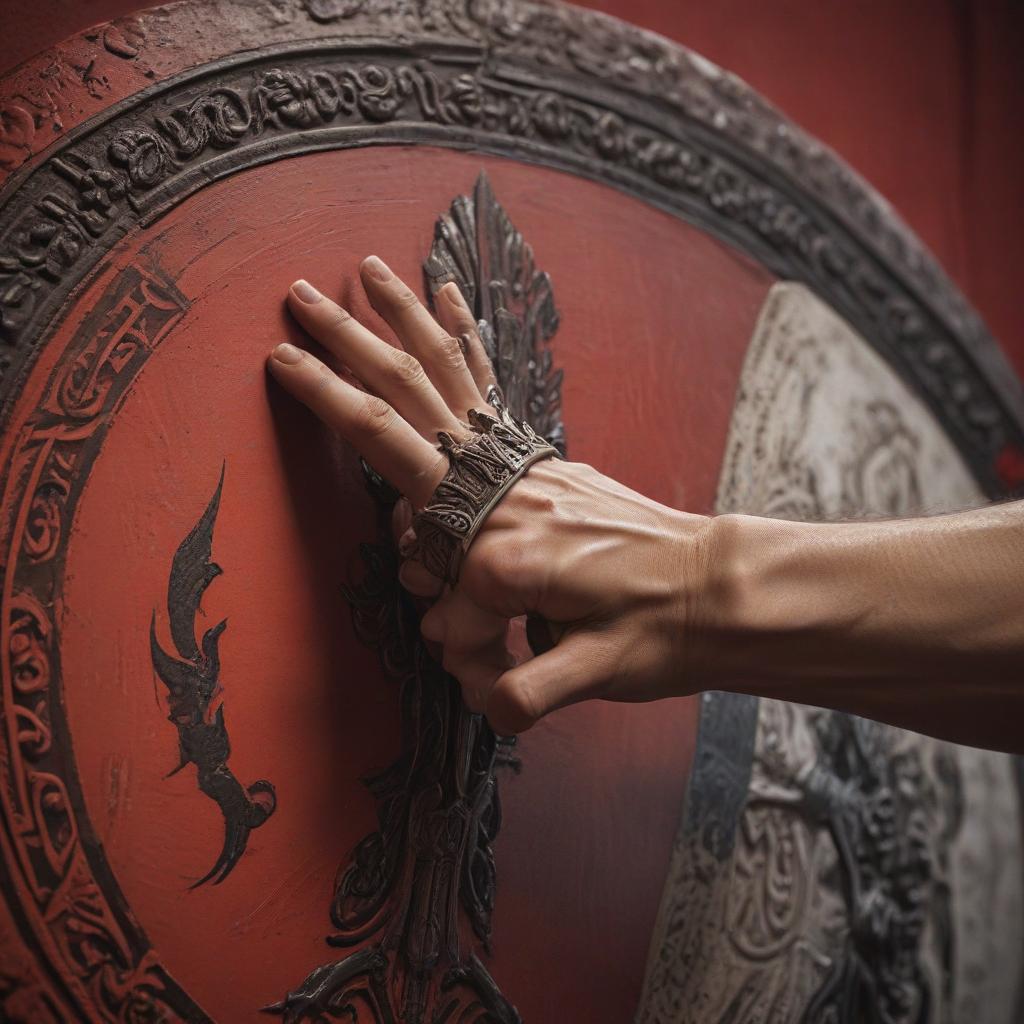 A close up of Achilles' hand reaching out instinctively towards the sword and shield, his fingers wrapping around the hilt with a sense of familiarity and purpose, a moment frozen in time that hints at his true nature, shot in slow motion to emphasize the gravity of the choice"in the style of classical Greek pottery art, with intricate black figures on a red background, depicting mythological scenes with a focus on gods and heroes, using a limited color palette of red, black, and white"This image is a breathtaking painting that captures the magical scene with vivid detail. The overall composition is spellbinding, showcasing a perfect harmony. photorealism fantasy, unreal engine 5, concept hyperrealistic, full body, detailed clothing, highly detailed, cinematic lighting, stunningly beautiful, intricate, sharp focus, f/1. 8, 85mm, (centered image composition), (professionally color graded), ((bright soft diffused light)), volumetric fog, trending on instagram, trending on tumblr, HDR 4K, 8K