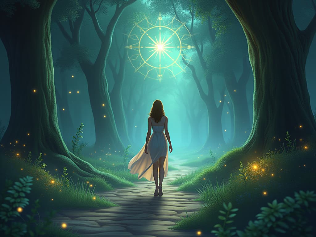  mystic evolving, walking through a path covered in luminous symbols and ethereal lights in a magical forest. celestial beings signify growth.. the style is digital art illustration,highly detailed, whimsical,magical, dreamlike atmosphere, realism and fantasy blend, smooth, glossy textures,luminous quality, wonder and enchantment.