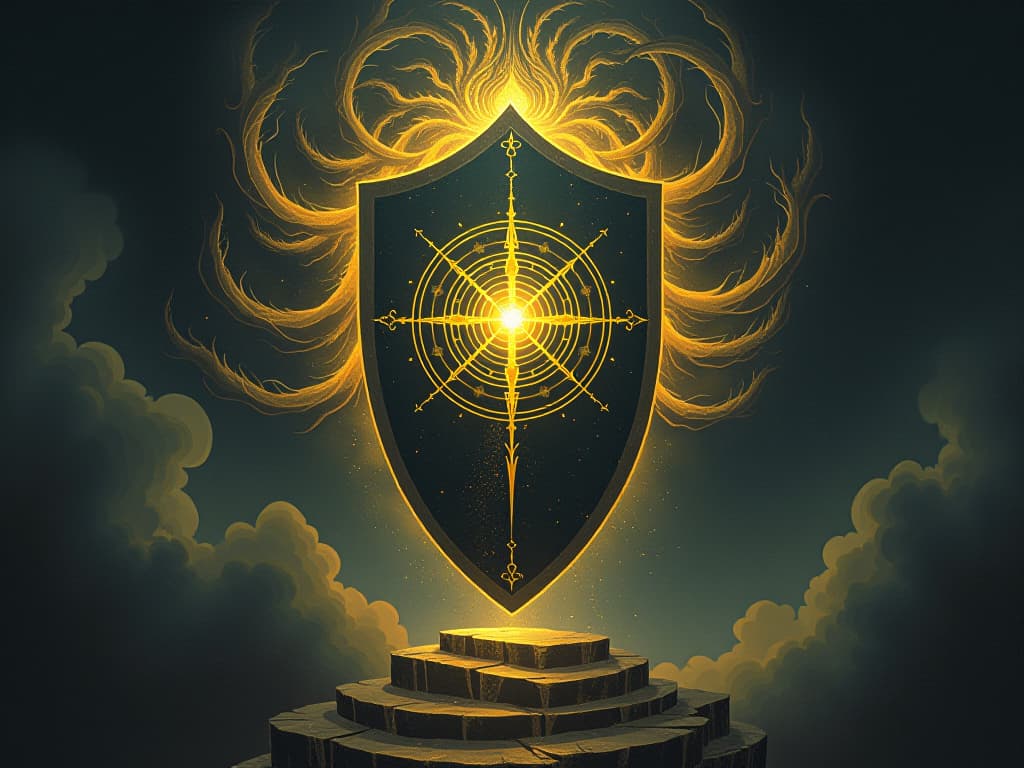  enormous protective shield glowing in the dark, surrounded by swirling cosmic energies, sense of security, divine protection. an illustration in the style of a worn, mystical old tarot trump card, mysterious and elements of surrealism. the colors are muted, somber and eerie, but with contrast bring out an occult and esoteric vibe.