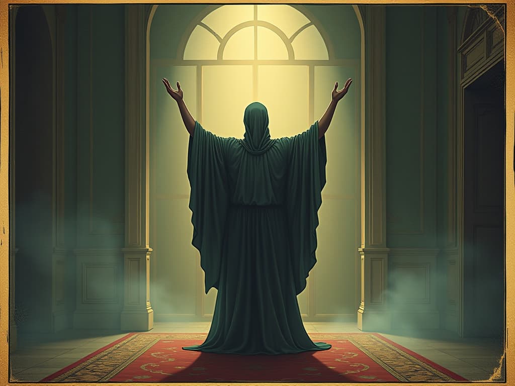  a person standing victoriously in the center of the room, strong stance, soft light surrounding, sense of mastery and control, atmosphere of empowerment. an illustration in the style of a worn, mystical old tarot trump card, mysterious and elements of surrealism. the colors are muted, somber and eerie, but with contrast bring out an occult and esoteric vibe.